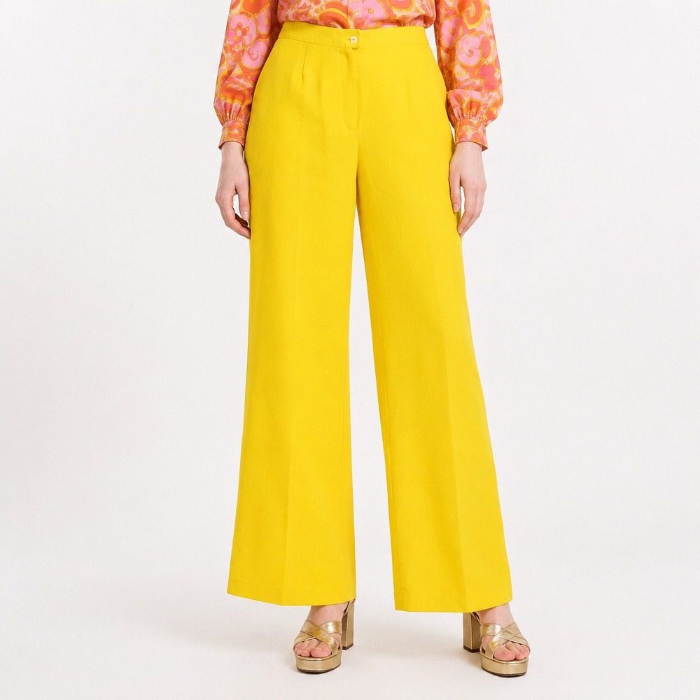70s Vintage Wide Leg Pants Womens 2 Yellow Mod Polyester High Waist Bell Bottoms